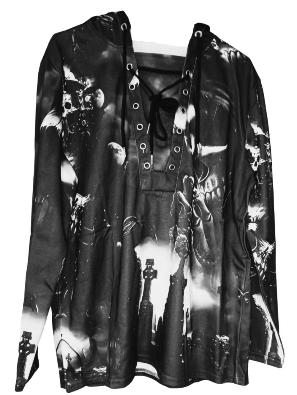 Men's Size XL Hooded Sweatshirt with Grommet Tie and Goth Cemetery Skull Scene